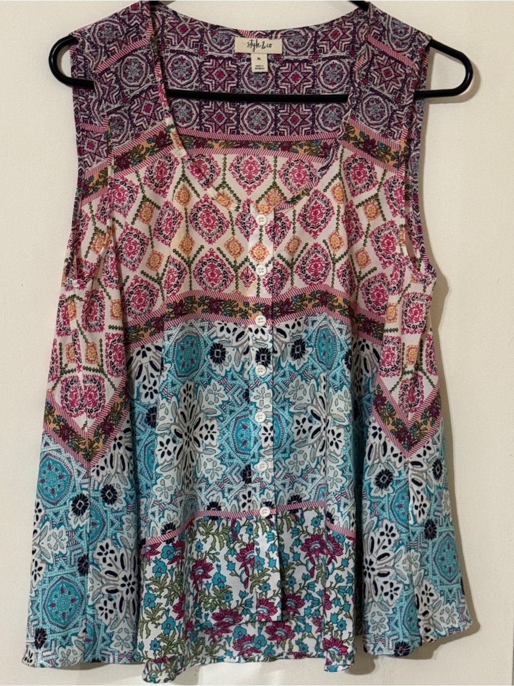Style & Co. Pink and Turquoise Mixed-Print Sleeveless Button Front Camisole